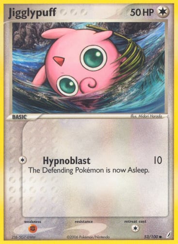 Jigglypuff 
Crystal Guardians 
Product Details
Card Number / Rarity:53/100 / Common
Card Type / HP / Stage:Colorless / 50 / Basic
Attack 1:[1] Hypnoblast (10) The Defending Pokemon is now Asleep.
Weakness / Resistance / Retreat Cost:F / / 1