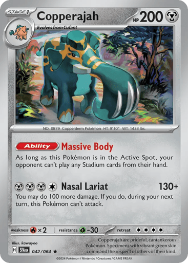Copperajah
Shrouded Fable
Product Details
Card Number / Rarity:042/064 / Rare
Card Type / HP / Stage:Metal / 200 / Stage 1
Card Text:Ability: Massive Body As long as this Pokemon is in the Active Spot, your opponent can't play any Stadium cards from their hand.
Attack 1:[MMMC] Nasal Lariat (130+)
You may do 100 more damage. If you do, during your next turn, this Pokemon can't attack.
Weakness / Resistance / Retreat Cost:Rx2 / G-30 / 4