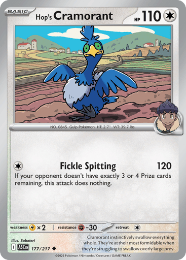 Hop's Cramorant (Poke Ball)
Ascended Heroes
Product Details
Card Number / Rarity:177/217 / Uncommon
Card Type / HP / Stage:Colorless / 110 / Basic
Attack 1:[C] Fickle Spitting (120)
If your opponent doesn't have exactly 3 or 4 Prize cards remaining, this attack does nothing.
Weakness / Resistance / Retreat Cost:Lx2 / F-30 / 1