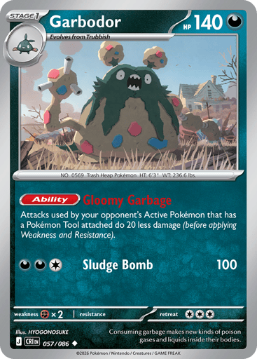 Garbodor 
Product Details
Card Number / Rarity:057/086 / Uncommon
Card Type / HP / Stage:Darkness / 140 / Stage 1
Card Text:Ability: Gloomy Garbage Attacks used by your opponent's Active Pokémon that has a Pokémon Tool attached do 20 less damage (before applying Weakness and Resistance).
Attack 1:[DDC] Sludge Bomb (100)
Weakness / Resistance / Retreat Cost:Fx2 / / 3