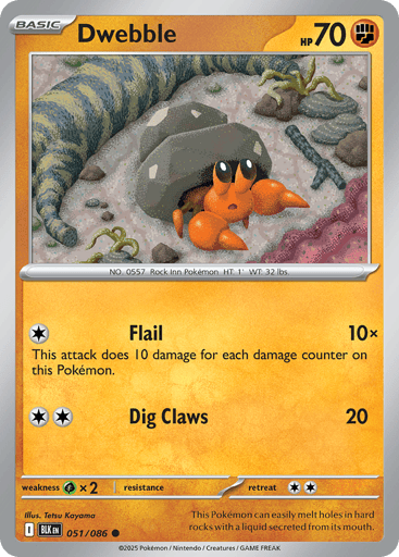Dwebble  
Black Bolt 
Product Details
Card Number / Rarity:051/086 / Common
Card Type / HP / Stage:Fighting / 70 / Basic
Attack 1:[C] Flail (10x)
This attack does 10 damage for each damage counter on this Pokémon.
Attack 2:[CC] Dig Claws (20)
Weakness / Resistance / Retreat Cost:Gx2 / / 2