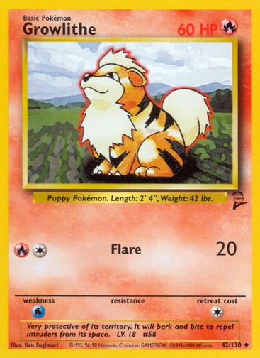 Growlithe  
Base Set 2  
Product Details
Card Number / Rarity:042/130 / Uncommon
Card Type / HP / Stage:Fire / 60 / Basic
Attack 1:[1R] Flare (20)
Weakness / Resistance / Retreat Cost:W / / 1