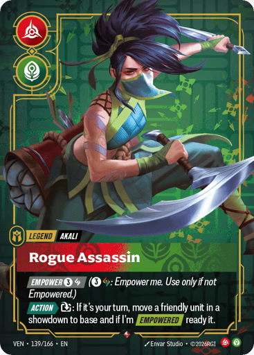 Rogue Assassin
Vendetta
Product Details
[EMPOWER 3 and 1 Rune] (3 and 1 Rune: Empower this. Use only if not Empowered.)
[ACTION] Exhaust: If it's your turn, move a friendly unit in a showdown to base and if I'm [EMPOWERED], ready it.
Rarity:Rare
Number:139/166
Card Type:Legend
Tag:Akali
Domain:Fury;Calm