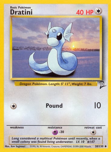 Dratini  
Base Set 2  
Product Details
Card Number / Rarity:038/130 / Uncommon
Card Type / HP / Stage:Colorless / 40 / Basic
Attack 1:[1] Pound (10)
Weakness / Resistance / Retreat Cost: / P-30 / 1