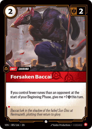 Forsaken Baccai
Vendetta
Product Details
If you control fewer runes than an opponent at the start of your Beginning Phase, give me +1 Might this turn.
Rarity:Common
Number:005/166
Energy Cost:2
Might:2
Card Type:Unit
Tag:Shurima
Domain:Fury