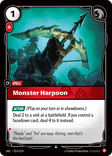 Rules
[Action] (Play on your turn or in showdowns.)
Deal 2 to a unit at a battlefield. If you control a facedown card, deal 4 to it instead.
Energy
1
Might
-
Domain
Fury
Rarity
Uncommon
Number
014/219
Artist
Kudos Productions
Expansion
Unleashed