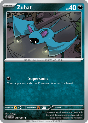 Zubat 
Product Details
Card Number / Rarity:049/086 / Common
Card Type / HP / Stage:Darkness / 40 / Basic
Attack 1:[D] Supersonic
Your opponent's Active Pokémon is now Confused.
Weakness / Resistance / Retreat Cost:Lx2 / F-30 / 0