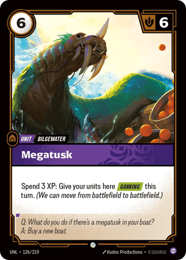 Rules
Spend 3 XP: Give your units here [Ganking] this turn. (We can move from battlefield to battlefield.)
Energy
6
Might
6
Domain
Chaos
Rarity
Common
Number
126/219
Artist
Kudos Productions
Expansion
Unleashed