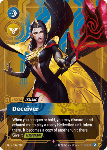 Rules
When you conquer or hold, you may discard 1 and exhaust me to play a ready Reflection unit token there. It becomes a copy of another unit there. Give it [Temporary].
Energy
-
Might
-
Domain
Mind
Rarity
Rare
Number
199/219
Artist
???Dark Glow
Expansion
Unleashed