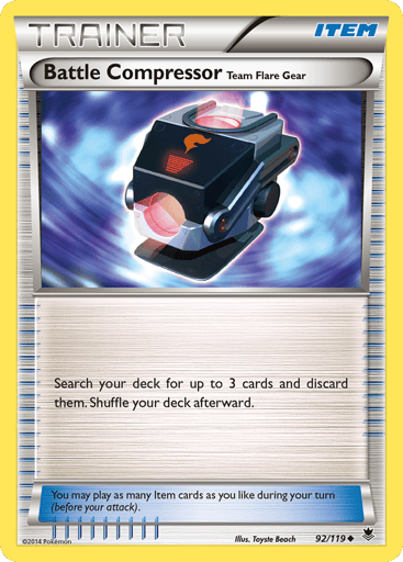 Battle Compressor 
Phantom Forces 
Product Details
Card Number / Rarity:92/119 / Uncommon
Card Type / HP / Stage:Item / /
Card Text:Search your deck for up to 3 cards and discard them. Shuffle your deck afterward.