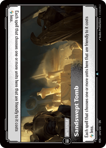 Sandswept Tomb
Vendetta
Product Details
Each spell that chooses one or more units here that are friendly to it costs Rune less.
Rarity:Uncommon
Number:164/166
Card Type:Battlefield