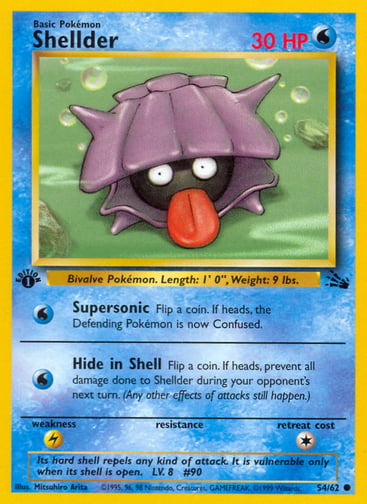 Shellder (1st Edition) 
Fossil 
Product Details
Card Number / Rarity:54/62 / Common
Card Type / HP / Stage:Water / 30 / Basic
Attack 1:[W] Supersonic
Flip a coin. If heads, the Defending Pokémon is now Confused.
Attack 2:[W] Hide in Shell
Flip a coin. If heads, prevent all damage done to Shellder during your opponent's next turn. (Any other effects of attacks still happen.)
Weakness / Resistance / Retreat Cost:L / / 1