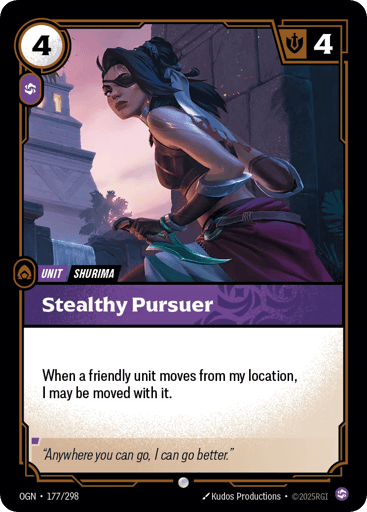 Stealthy Pursuer (Promo)
Origins
Product Details
When a friendly unit moves from my location, I may be moved with it.
Rarity:Promo
Number:177/298
Energy Cost:4
Power Cost:1
Might:4
Card Type:Unit
Tag:Shurima
Domain:Chaos
Flavor Text:"Anywhere you can go, I can go better."