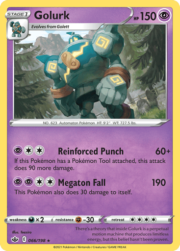 Golurk  
Chilling Reign 
Product Details
Card Number / Rarity:066/198 / Rare
Card Type / HP / Stage:Psychic / 150 / Stage 1
Attack 1:[2P] Reinforced Punch (60+)
If this Pokemon has a Pokemon Tool attached, this attack does 90 more damage.
Attack 2:[2PP] Megaton Fall (190)
This Pokemon also does 30 damage to itself.
Weakness / Resistance / Retreat Cost:Dx2 / F-30 / 4