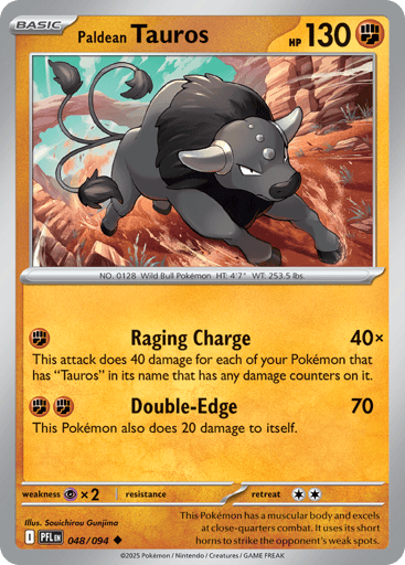 Paldean Tauros
Phantasmal Flames
Product Details
Card Number / Rarity:048/094 / Uncommon
Card Type / HP / Stage:Fighting / 130 / Basic
Attack 1:[F] Raging Charge (40x)
This attack does 40 damage for each of your Pokemon that has "Tauros" in its name that has any damage counters on it.
Attack 2:[FF] Double-Edge (70)
This Pokemon also does 20 damage to itself.
Weakness / Resistance / Retreat Cost:Px2 / / 2
Artist:Souichirou Gunjima
