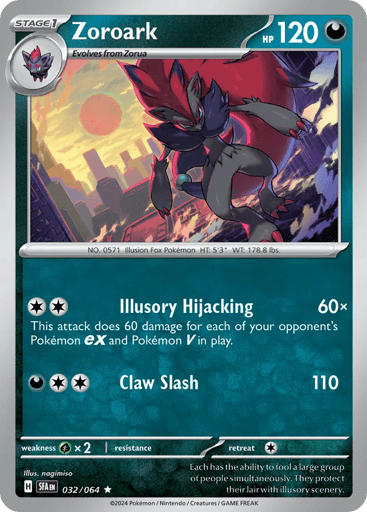 Zoroark
Shrouded Fable
Product Details
Card Number / Rarity:032/064 / Rare
Card Type / HP / Stage:Darkness / 120 / Stage 1
Attack 1:[CC] Illusory Hijacking (60x)
This attack does 60 damage for each of your opponent's Pokemon ex and Pokemon V in play.
Attack 2:[DCC] Claw Slash (110)
Weakness / Resistance / Retreat Cost:Gx2 / / 1